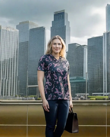 Softies Women's Pink Ribbons Slim Fit Fun Scrub Top PROT01 Metro Workwear.