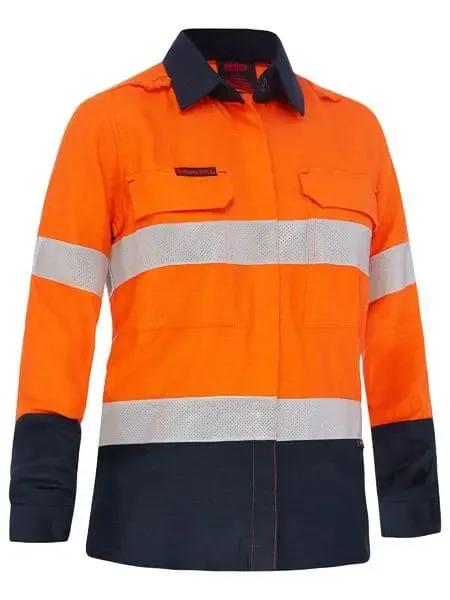 Bisley Apex 160 Women's Taped Hi Vis FR Vented Shirt BL8338T in Orange/Navy