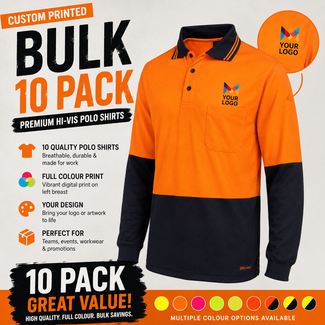 10 x Jb’s Printed Long Sleeve Hi Vis Polos 6HVPL