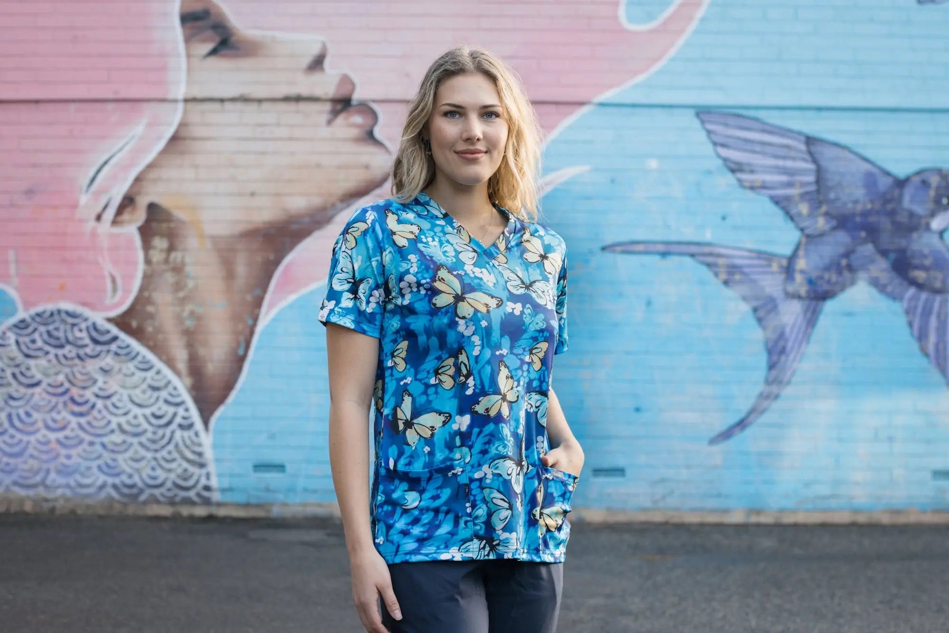 Softies Women's Butterfly Park Slim Fit Fun Scrub Top BPOT01  Simply Scrubs Australia