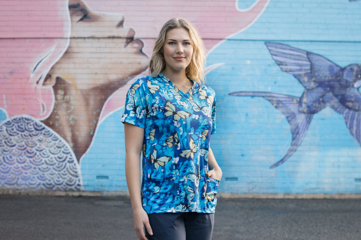 Softies Women's Butterfly Park Slim Fit Fun Scrub Top BPOT01 Metro Workwear.