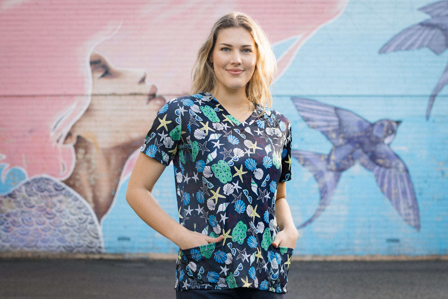 Softies Women's Beach Life Slim Fit Fun Scrub Top BLOT01 Metro Workwear.