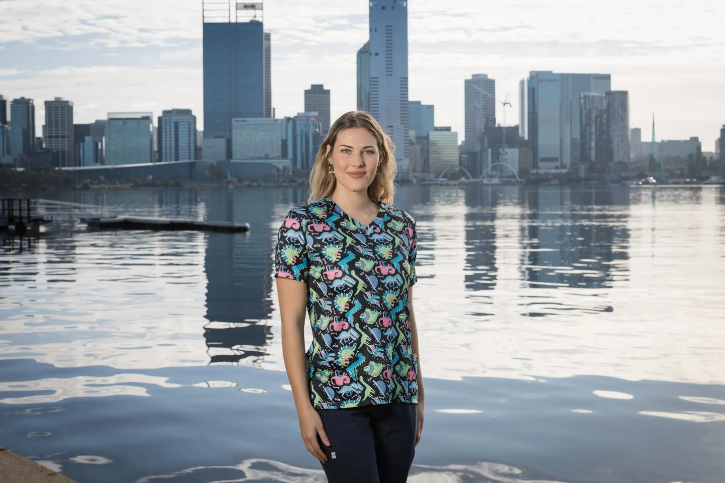 Softies Women's Dino Party Slim Fit Fun Scrub Top DPOT01  Simply Scrubs Australia