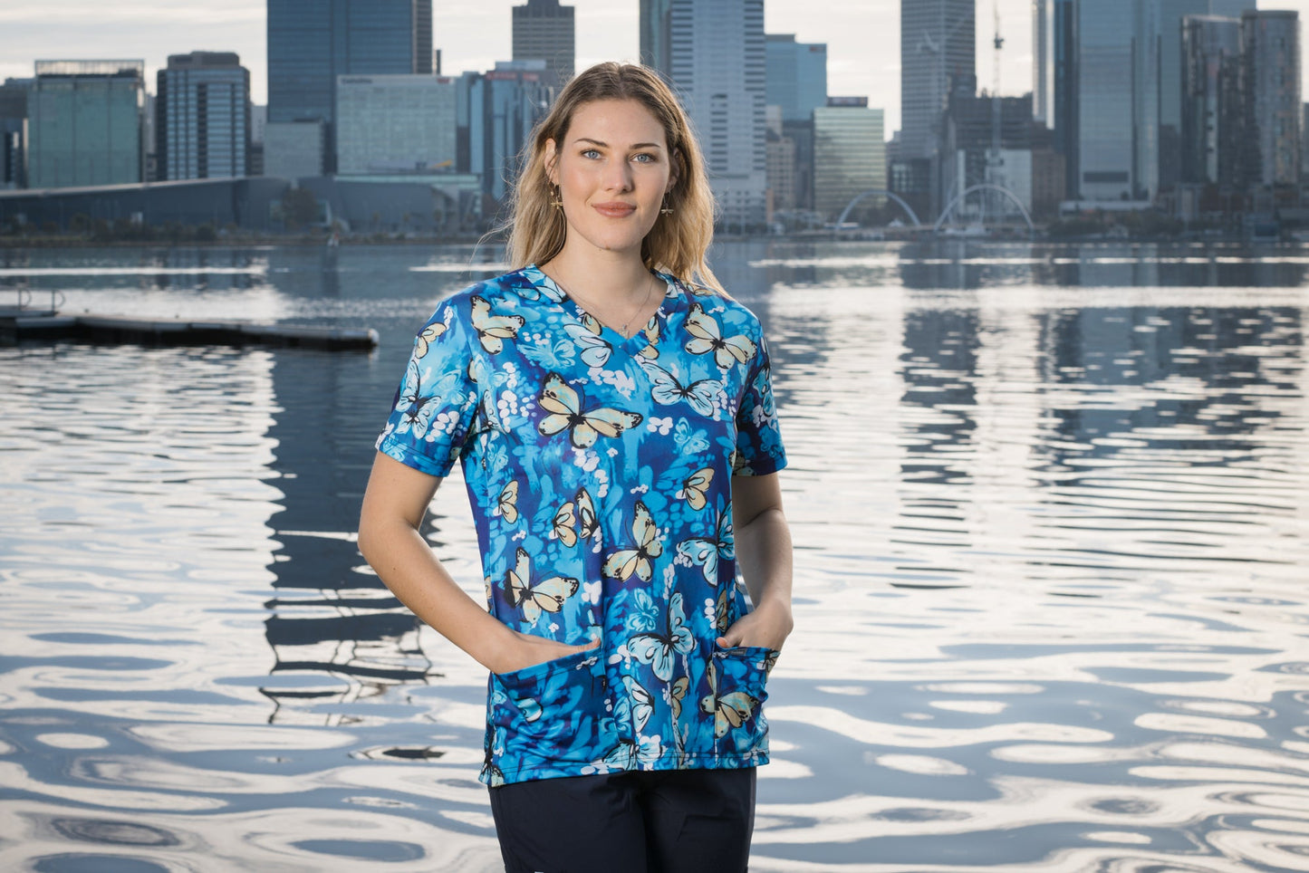 Softies Women's Butterfly Park Slim Fit Fun Scrub Top BPOT01 Metro Workwear.