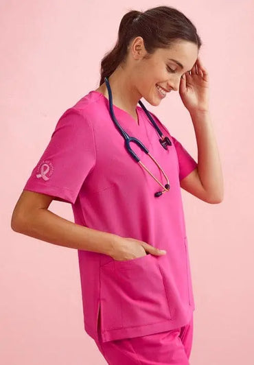 BizCare Women's V-Neck Pink Scrub Top CST245LS Metro Workwear.