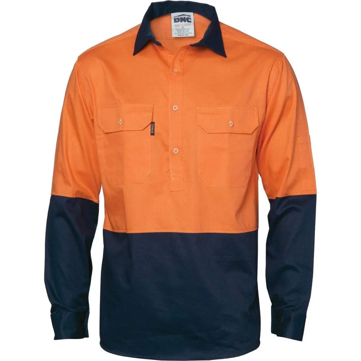 Dnc Workwear Hi-vis Two-tone Close Front Cotton Drill Long Sleeve Shirt - Gusset Sleeve - 3834 Metro Workwear.