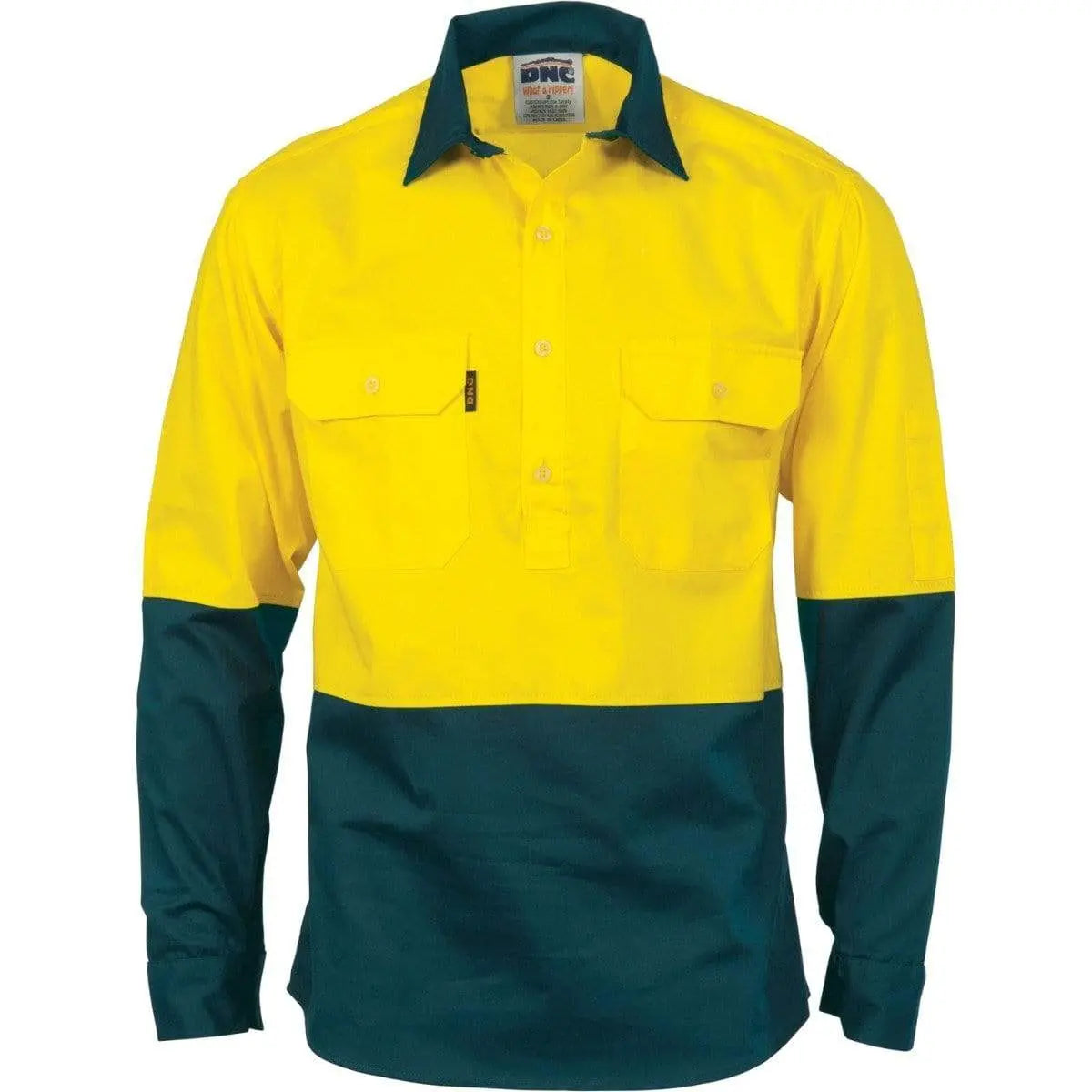 Dnc Workwear Hi-vis Two-tone Close Front Cotton Drill Long Sleeve Shirt - Gusset Sleeve - 3834 Metro Workwear.
