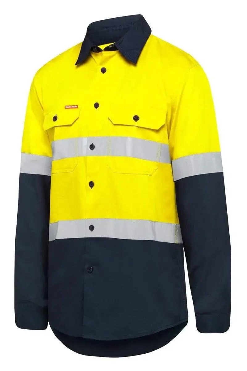 Hard Yakka Long Sleeve Two Toned Taped Vented Reflective Work Shirt Y07940 in Yellow/Navy