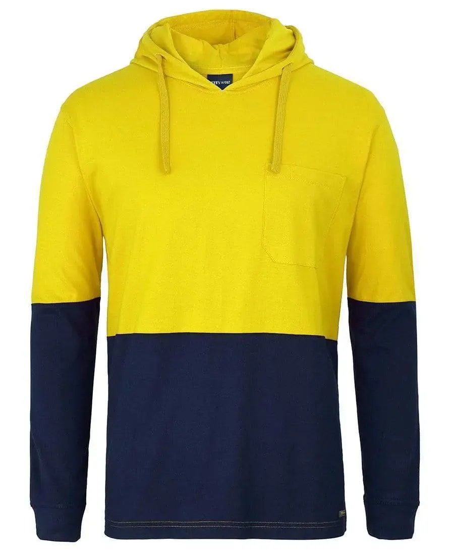 Jb's Hi-vis Long Sleeve Cotton Tee With Hood 6HCTL in Yellow/Navy
