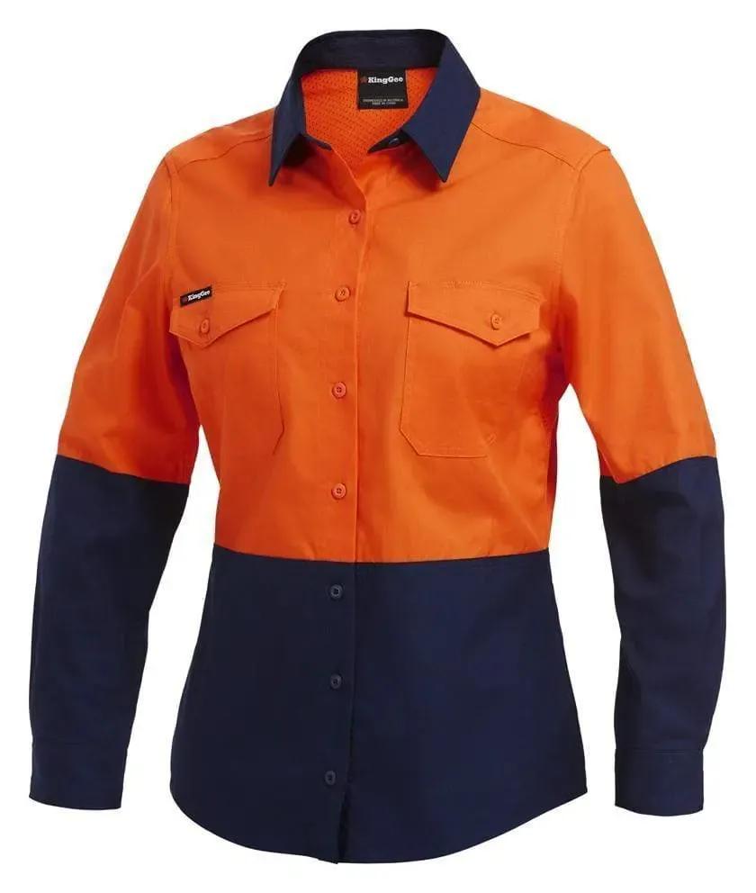 KingGee Workcool 2 Women's Hi Vis Spliced Long Sleeve Work Shirt K44543 in Orange/Navy