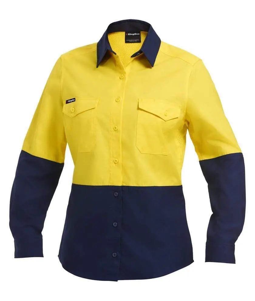 KingGee Workcool 2 Women's Hi Vis Spliced Long Sleeve Work Shirt K44543 in Yellow/Navy