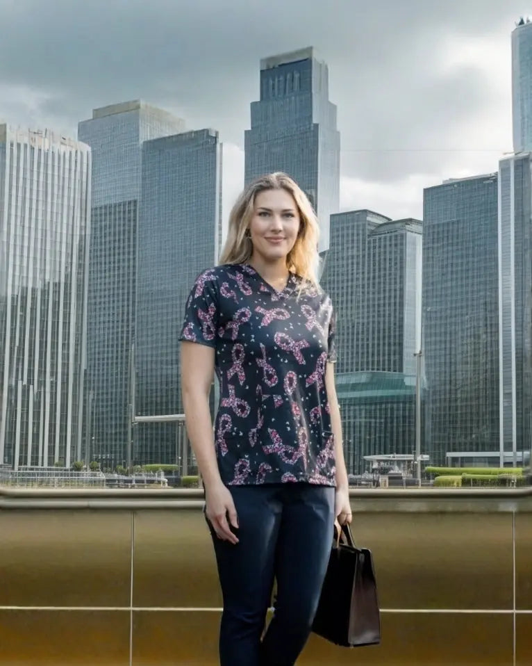 Softies Women's Pink Ribbons Slim Fit Fun Scrub Top PROT012 - Simply Scrubs Australia