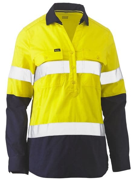 Bisley Women's Taped Hi Vis Stretch V-neck Closed Front Shirt BLC6064T Metro Workwear.