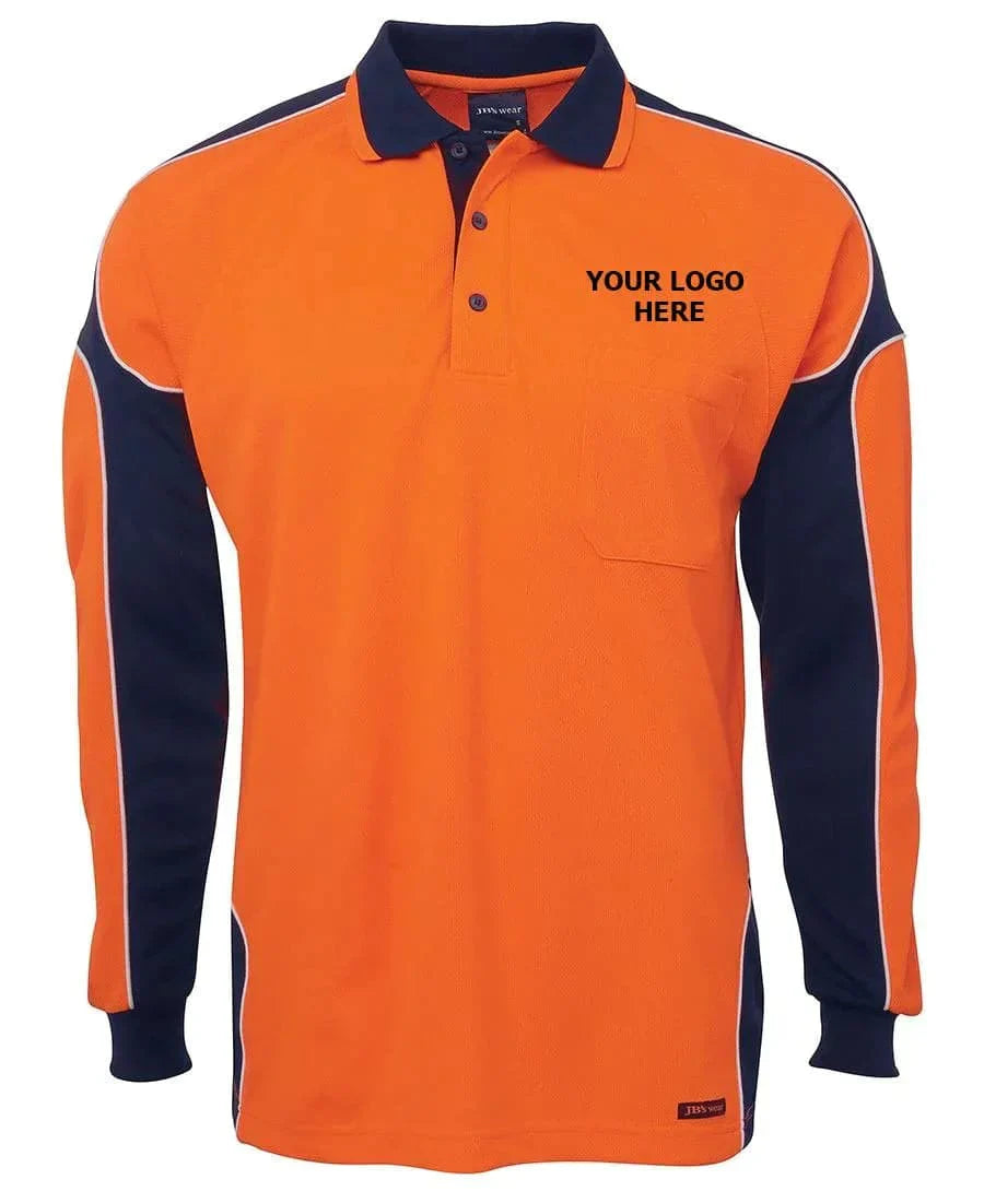 Logo Printed JB'S Hi-Vis Long Sleeve Arm Panel Polo 6AP4L x10 Metro Workwear.