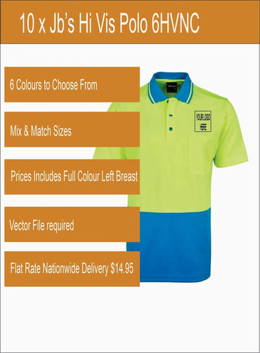 10 x Jb’s Printed Hi Vis Polo 6HVNC