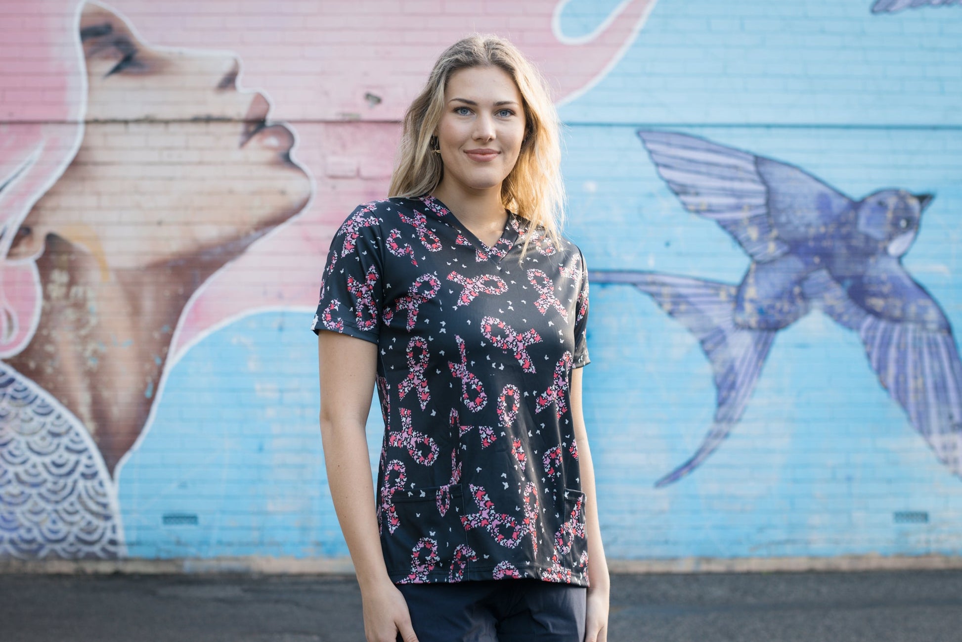 Softies Women's Pink Ribbons Slim Fit Fun Scrub Top PROT01 Metro Workwear.