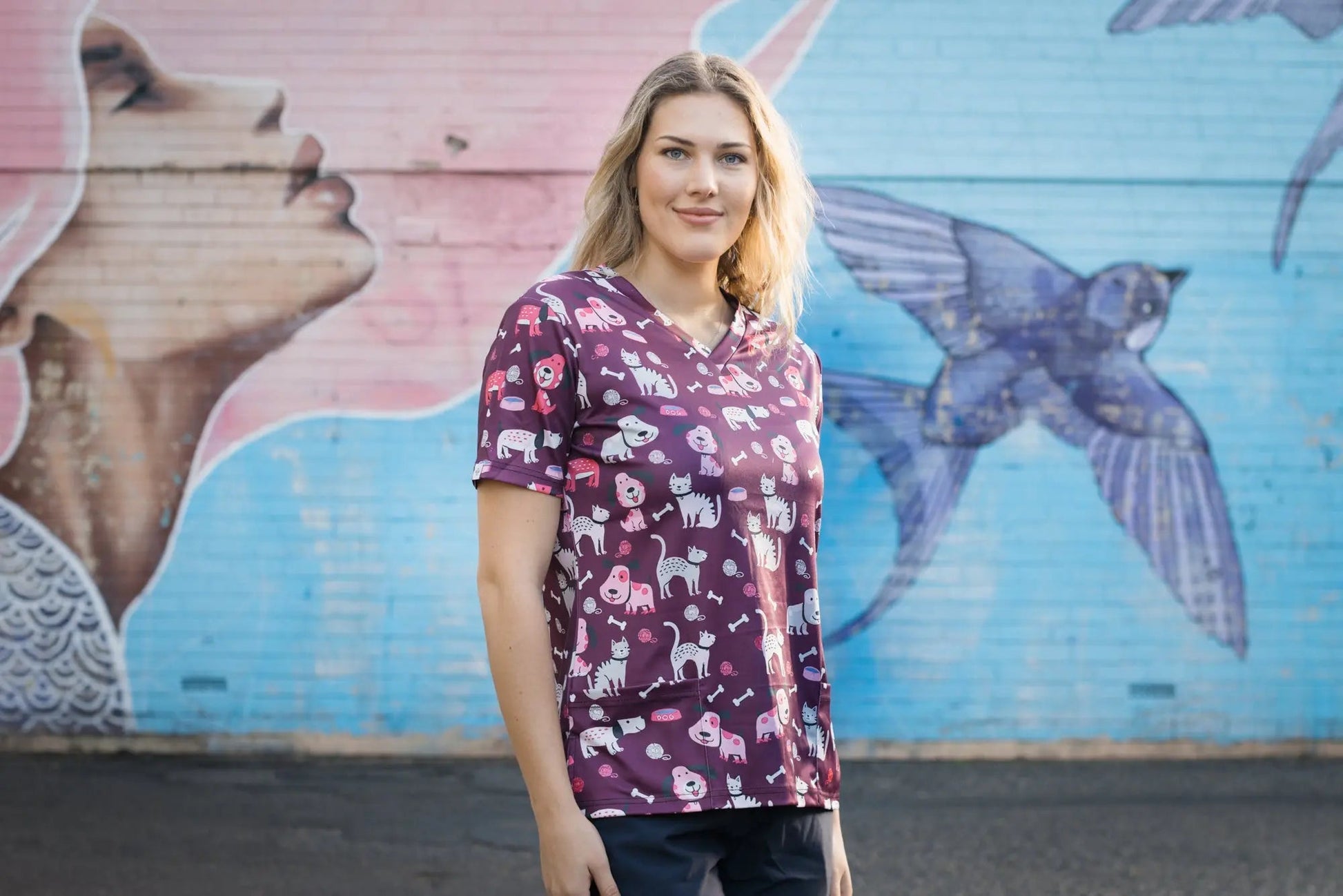 Softies Women's Purple Dog Slim Fit Fun Scrub Top PDOT01  Simply Scrubs Australia