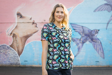 Softies Women's Dino Party Slim Fit Fun Scrub Top DPOT01 Metro Workwear.