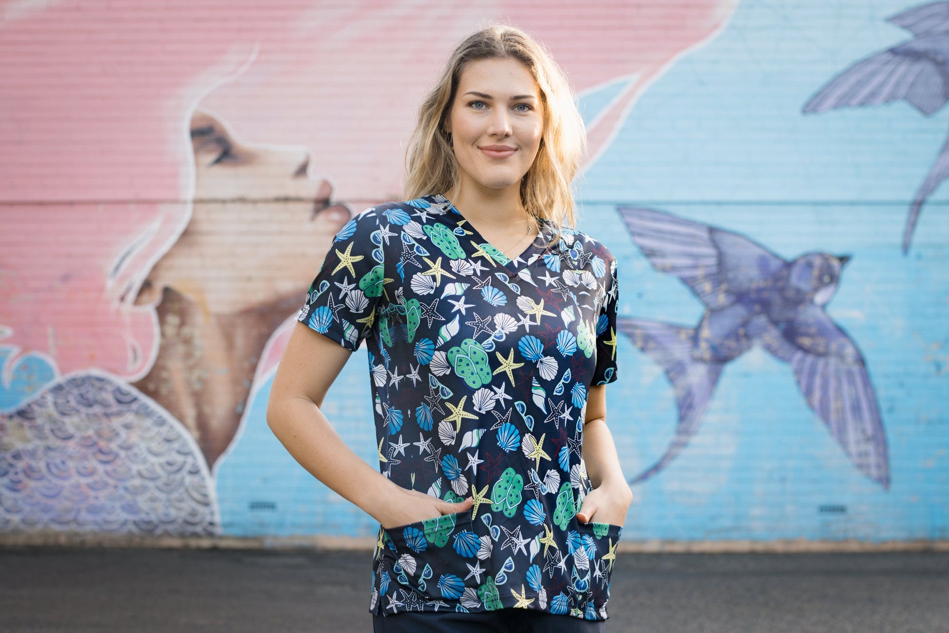 Softies Women's Beach Life Slim Fit Fun Scrub Top BLOT01 Metro Workwear.
