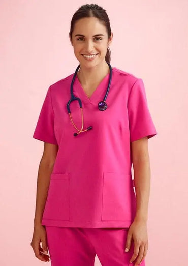 BizCare Women's V-Neck Pink Scrub Top CST245LS Metro Workwear.