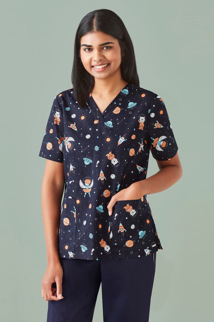 Women's Printed Space Party Scrub Top CST148LS Metro Workwear.