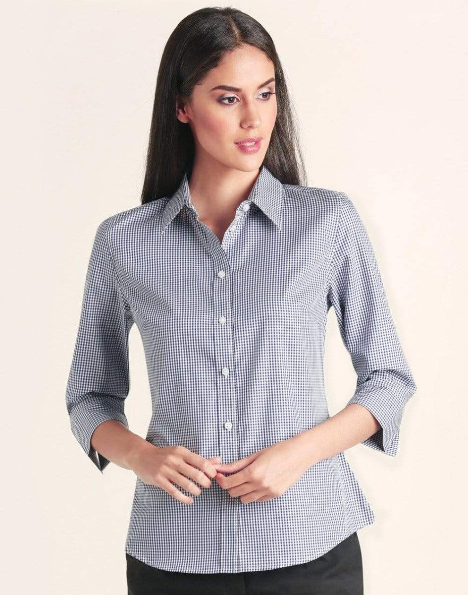 BENCHMARK Ladies’ Two Tone Gingham 3/4 Sleeve Shirt M8320Q Metro Workwear.