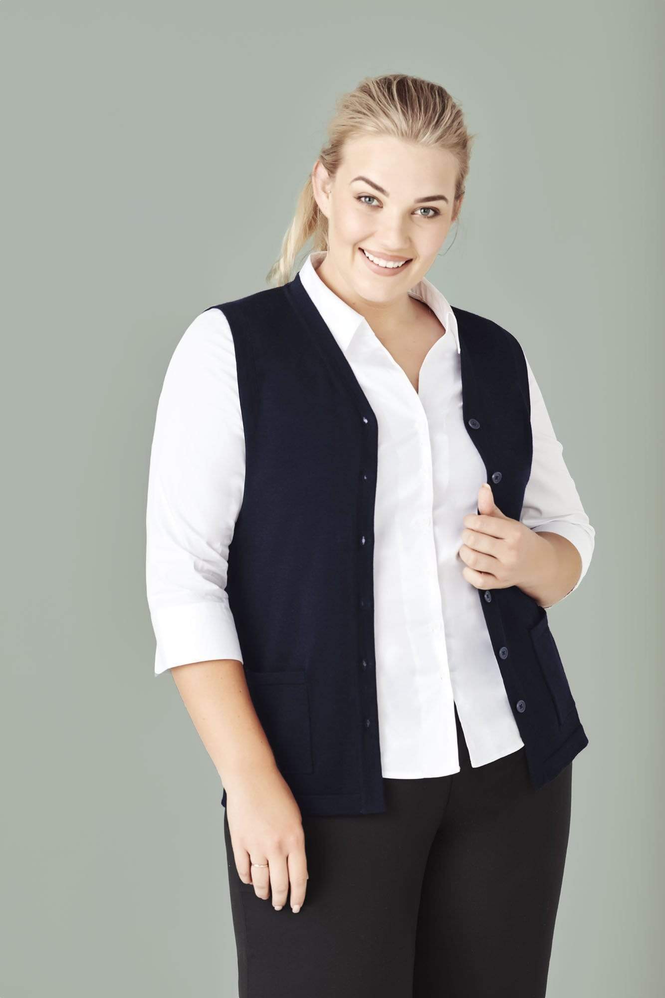 Biz Care Womens Button Front Knit Vest CK961LV Metro Workwear.