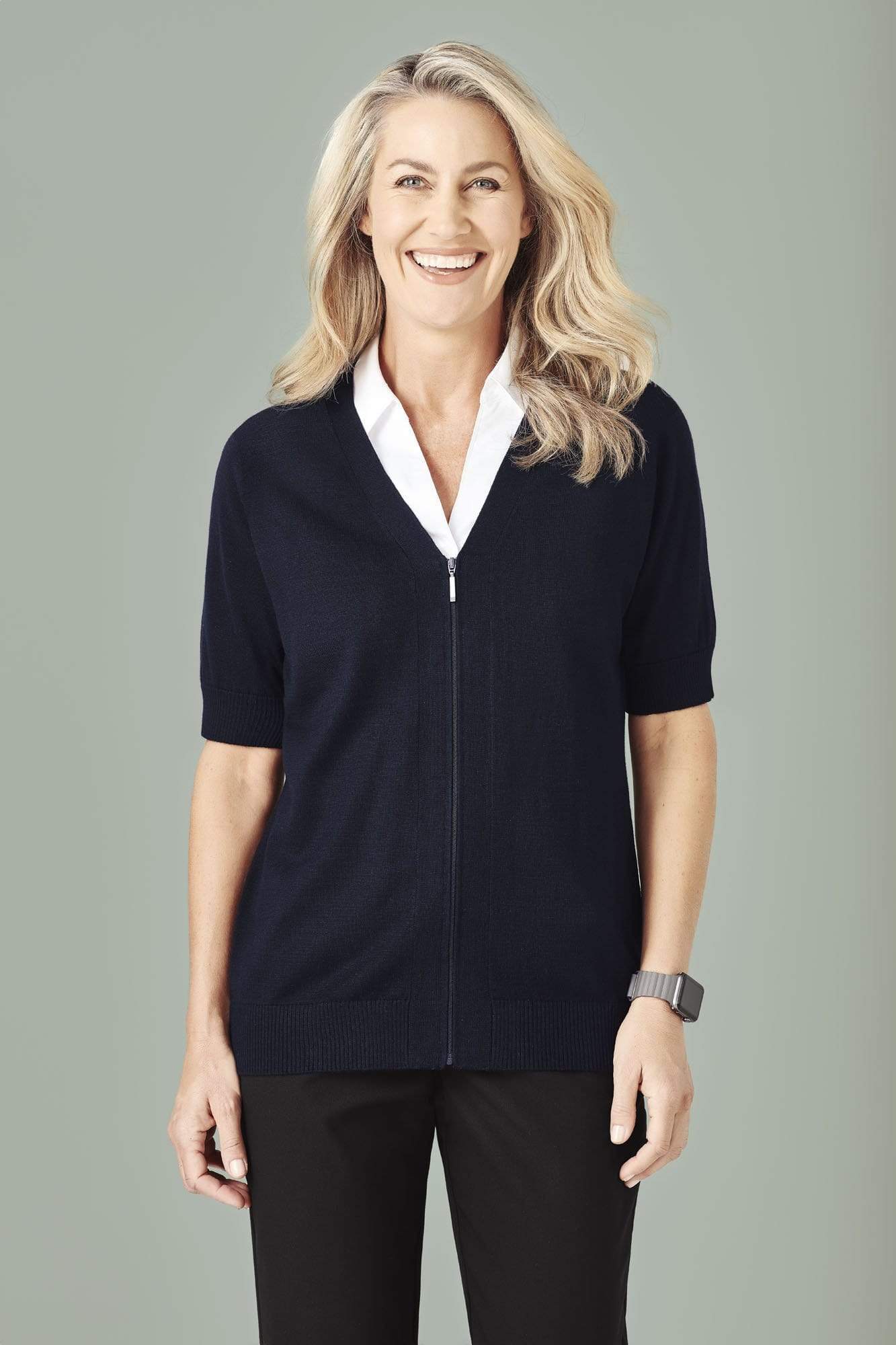 Biz Care Womens Zip Front Short Sleeve Knit CK962LC Metro Workwear.
