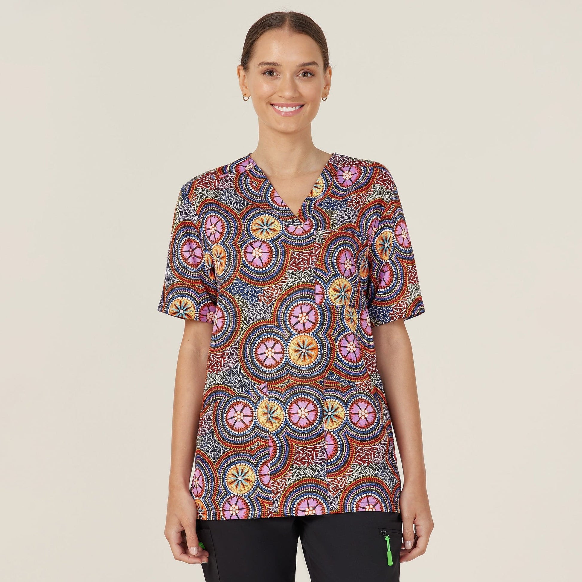 NNT Bush Tucker Indigenous Printed Unisex Scrub Top CATRGJ Metro Workwear.