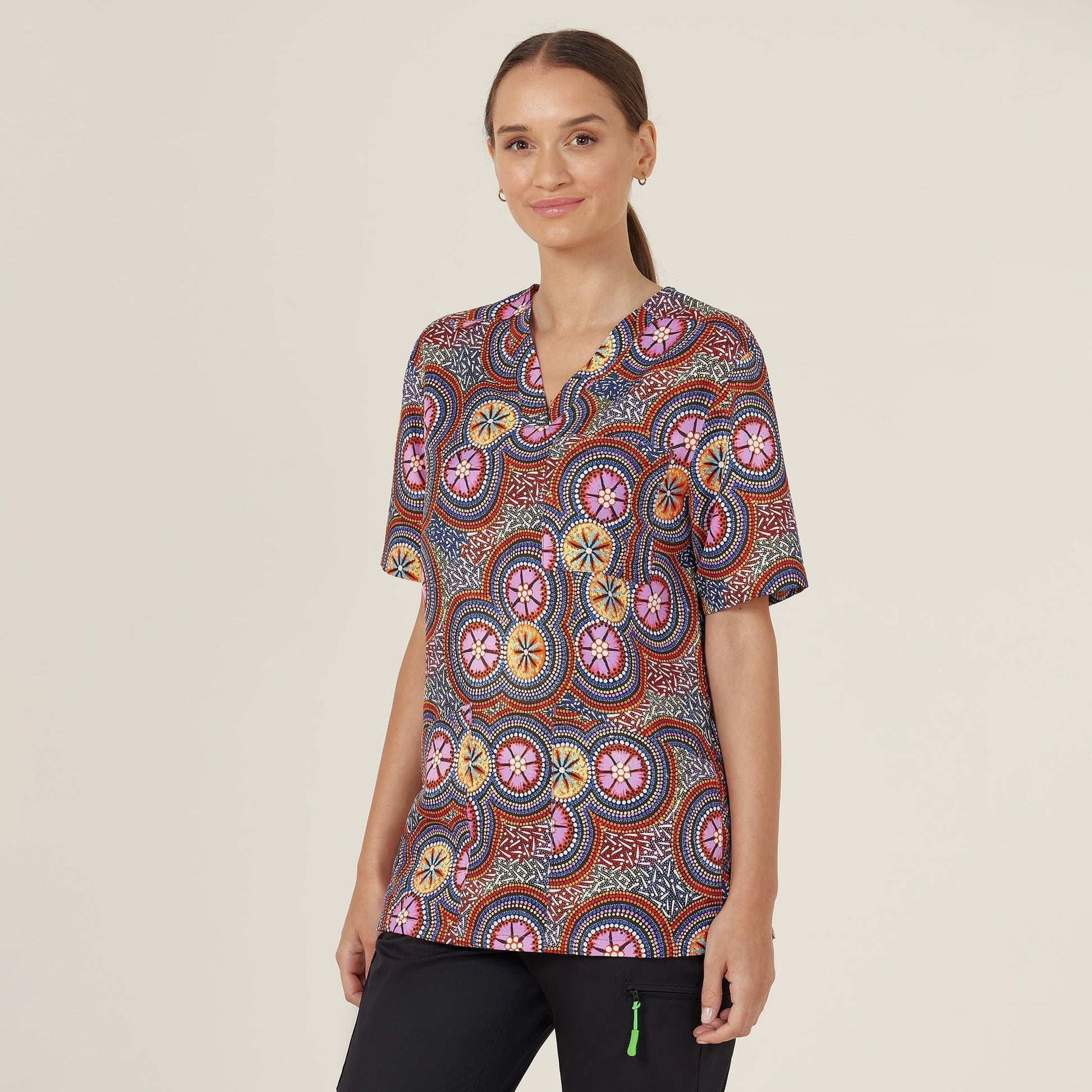 NNT Bush Tucker Indigenous Printed Unisex Scrub Top CATRGJ Metro Workwear.