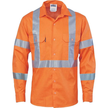 Dnc Workwear Hi-vis Cool-breeze Long Sleeve Cotton Shirt With Double Hoop On Arms & 'x' Back Csr R/tape - 3789 Metro Workwear.