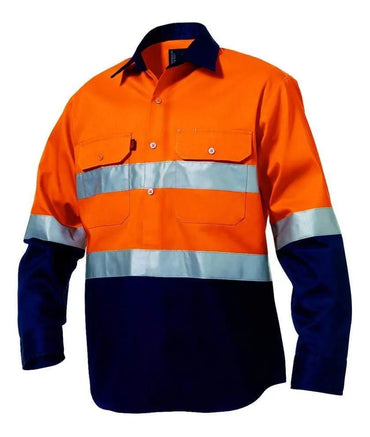 KingGee Hi-Vis Closed Front Reflective Spliced Drill Shirt L/S  K54325 Metro Workwear.