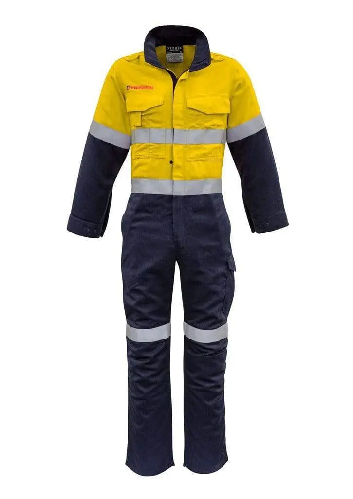 SYZMIK men's orange flame hrc-2 hoop taped spliced overall ZC525 Metro Workwear.