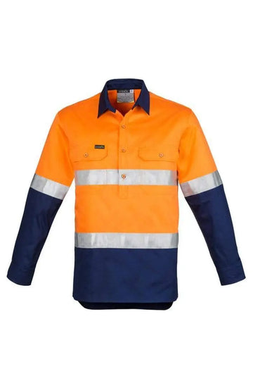 SYZMIK mens hi vis closed front l/s shirt - hoop taped zw550 Metro Workwear.