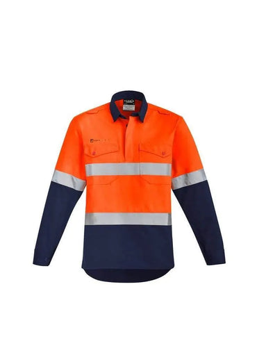 SYZMIK orange flame hrc 2 hoop taped closed front spliced shirt ZW143 Metro Workwear.