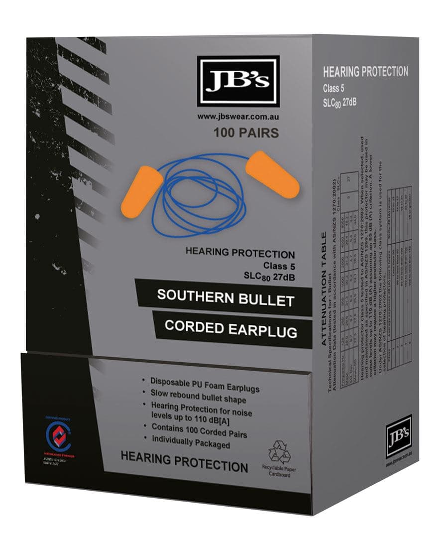 Southern Bullet Corded Earplug (100 Pair) 8P060 Metro Workwear.