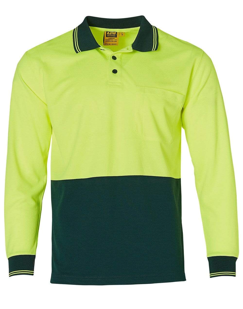 Australian Industrial Wear Work Wear Fluoro Yellow/Bottle / S High Visibility Long Sleeve Polo SW05TD
