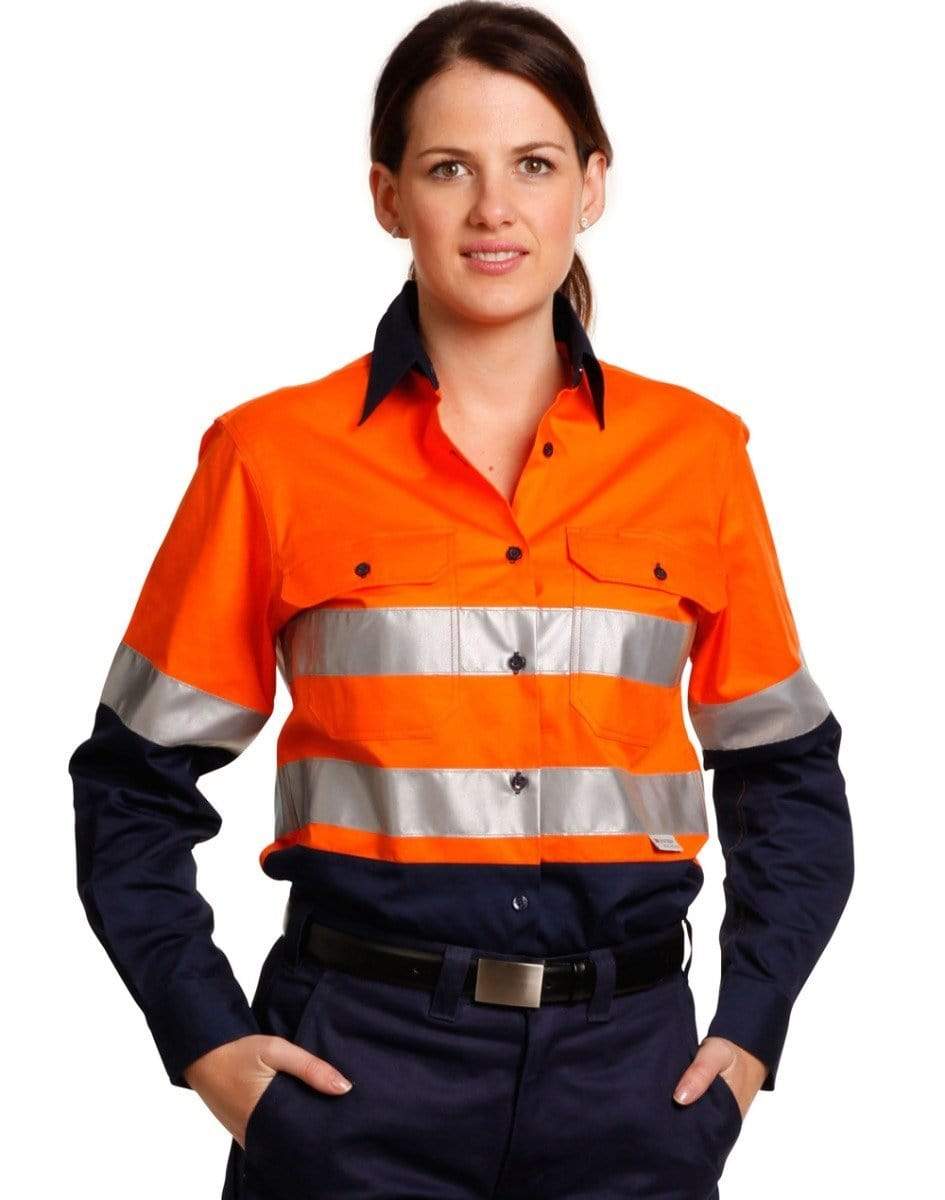 Australian Industrial Wear Work Wear Fluoro Orange/Navy / 8 WOMEN'S LONG SLEEVE SAFETY SHIRT SW65
