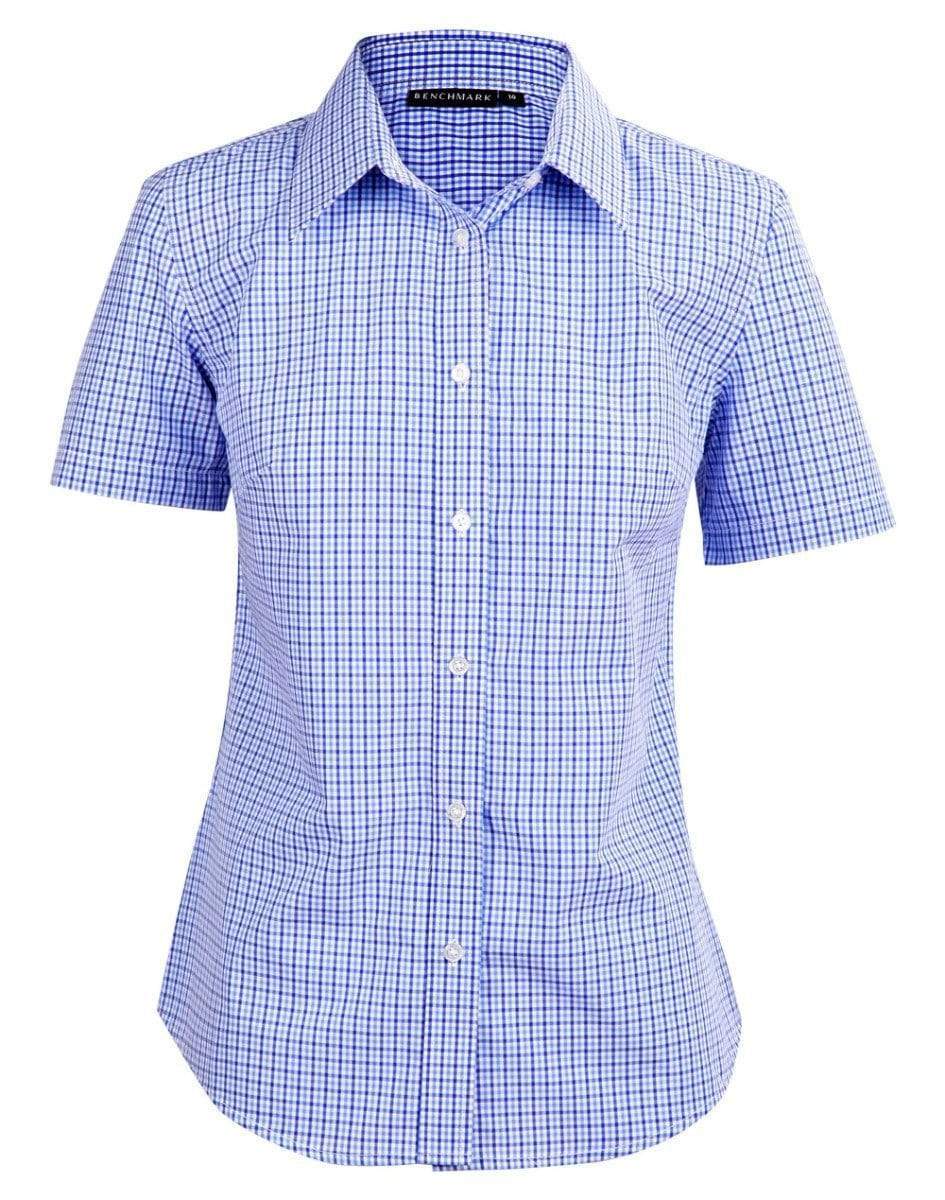 Benchmark Corporate Wear Navy/White/Skyblue / 6 BENCHMARK Ladies’ Two Tone Gingham Short Sleeve Shirt M8320S
