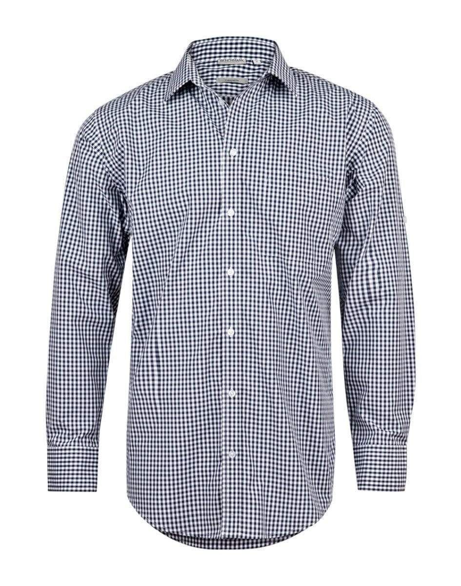 Benchmark Corporate Wear Navy/White / XS BENCHMARK Men’s Gingham Check Long Sleeve Shirt with Roll-up Tab Sleeve M7300L