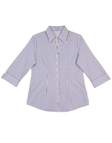 Benchmark Corporate Wear White/Cobalt / 12 BENCHMARK Women's Executive Sateen Stripe 3/4 Sleeve Shirt M8310Q