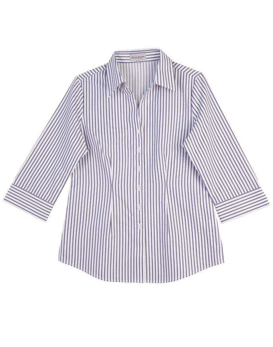 Benchmark Corporate Wear White/Grey / 12 BENCHMARK Women's Executive Sateen Stripe 3/4 Sleeve Shirt M8310Q