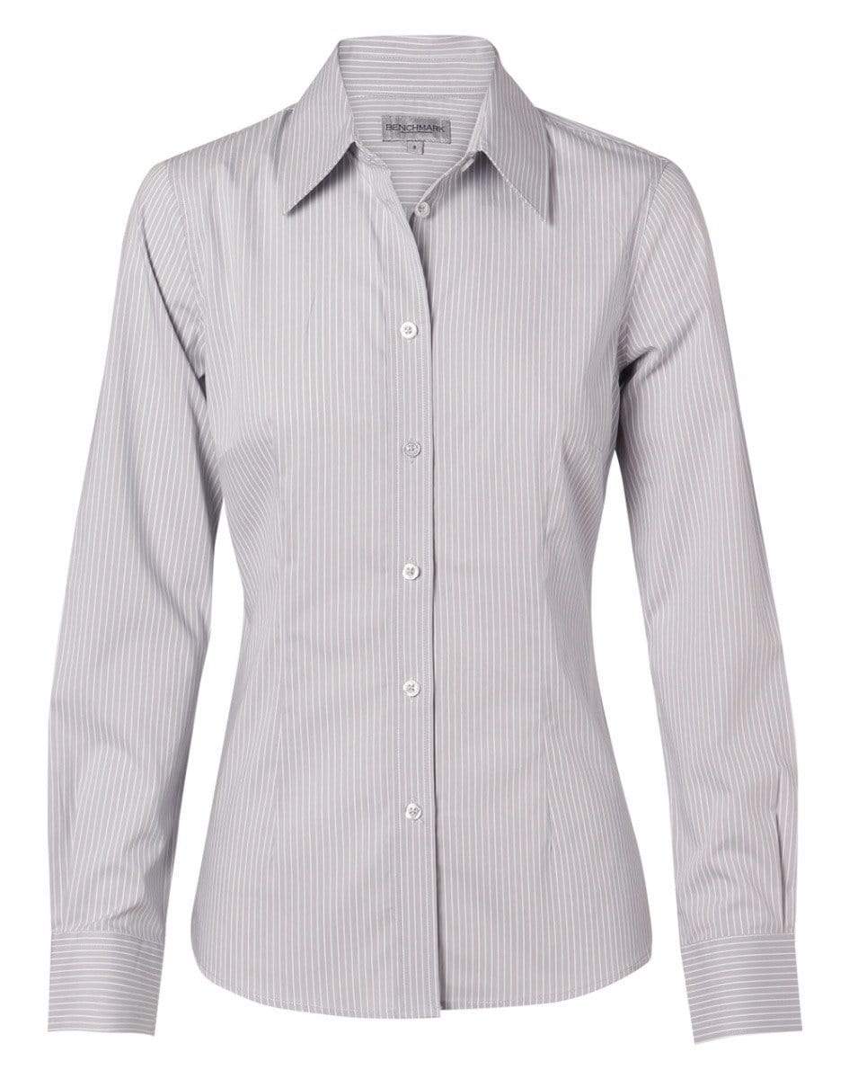 Benchmark Corporate Wear Grey/White / 6 BENCHMARK Women's Ticking Stripe Long Sleeve Shirt M8200L