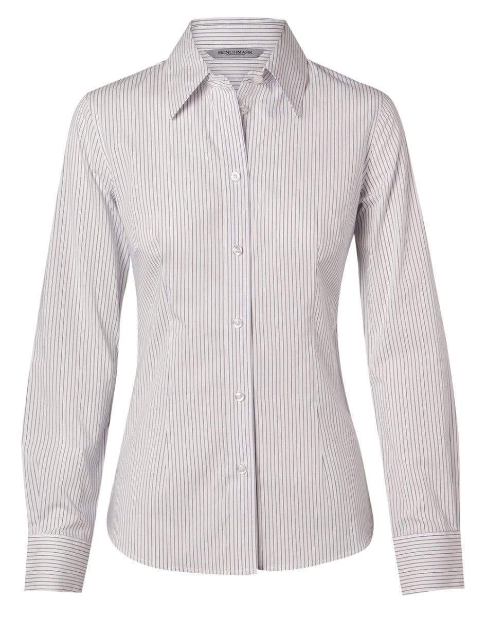 Benchmark Corporate Wear White/Grey / 6 BENCHMARK Women's Ticking Stripe Long Sleeve Shirt M8200L