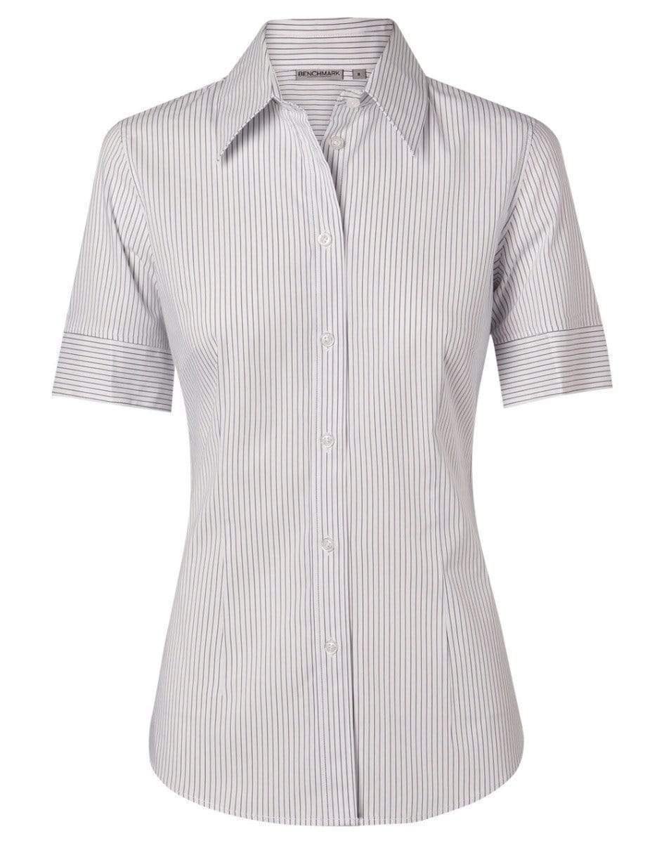 Benchmark Corporate Wear White/Grey / 6 BENCHMARK Women's Ticking Stripe Short Sleeve Shirt M8200S