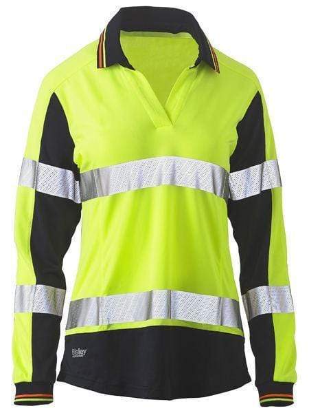 Bisley Workwear Work Wear Yellow/Navy / 6 Bisley WOMENS LONG SLEEVE TAPED TWO TONE HI VIS V-NECK POLO BKL6225T