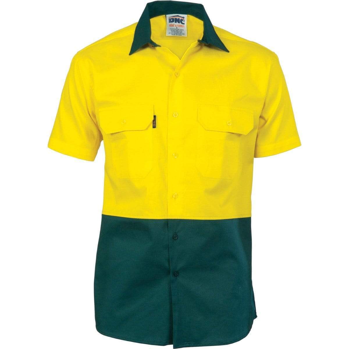 DNC Workwear Work Wear Yellow/Bottle Green / L DNC WORKWEAR Hi-Vis 2 Tone Cool-Breeze Short Sleeve Cotton Shirt  3839