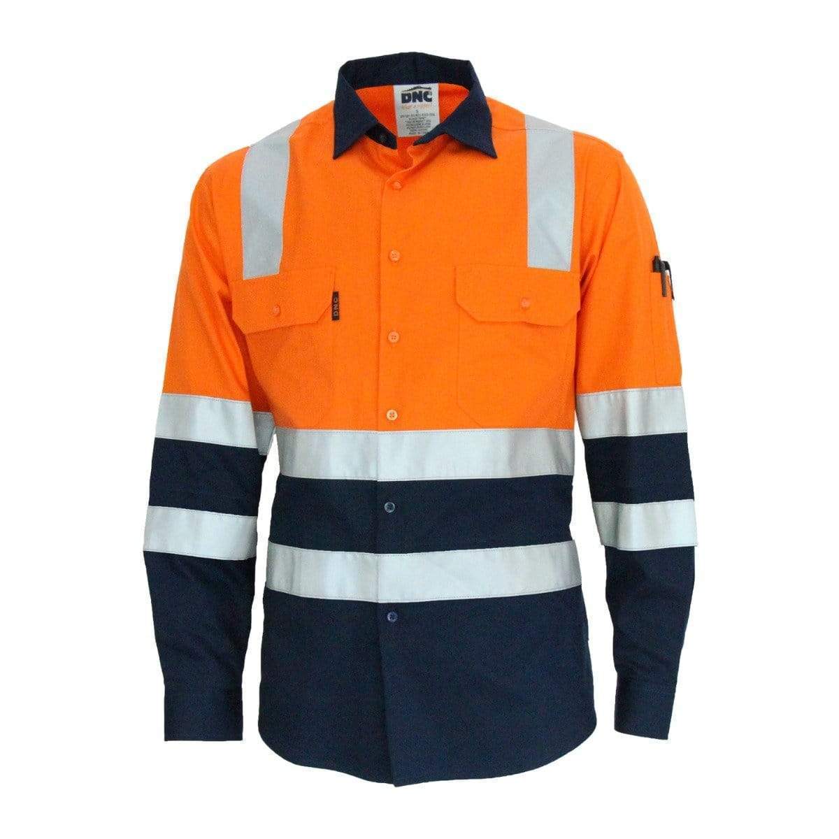 DNC Workwear Work Wear Orange/Navy / 6XL DNC WORKWEAR Hi-Vis 2-Tone Lightweight Long Sleeve Cotton Bio-Motion & X Back Shirt with CSR Reflective Tape 3547