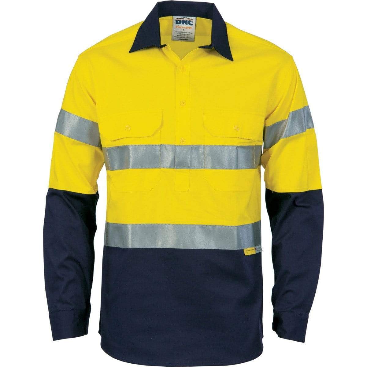 DNC Workwear Work Wear Yellow/Navy / 5XL DNC WORKWEAR Hi-Vis Cool-Breeze Close Front Long Sleeve Cotton Shirt with 3M Reflective Tape 3949