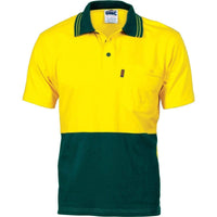 DNC Workwear Work Wear Yellow/Bottle Green / L DNC WORKWEAR Hi-Vis Cool-Breeze Cotton Jersey Short Sleeve Polo Shirt with Underarm Cotton Mesh 3845